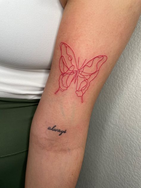 Always Red Tattoo, Red Line Butterfly Tattoo, Red Tattoo After Years, Red Tattoo On Pale Skin, Red Linework Tattoo, Butterfly Tattoo Linework, Butterfly Red Tattoo, Fine Line Red Tattoo, Red Tattoo Arm