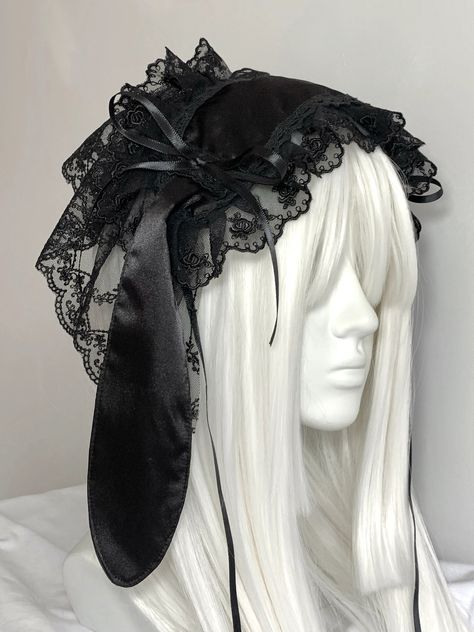 Get trendy with Black Version Handmade Bunny Hat Headband Gothic Lolita Fashion -  available at Peiliee Shop. Grab yours for $21.90 today! Crochet Bunny Headband, Headband Drawing, Vkei Outfits, Goth Headband, Headband Aesthetic, Dolly Kei Fashion, Black Bunny Ears, Creepy Cute Fashion, Bunny Headband