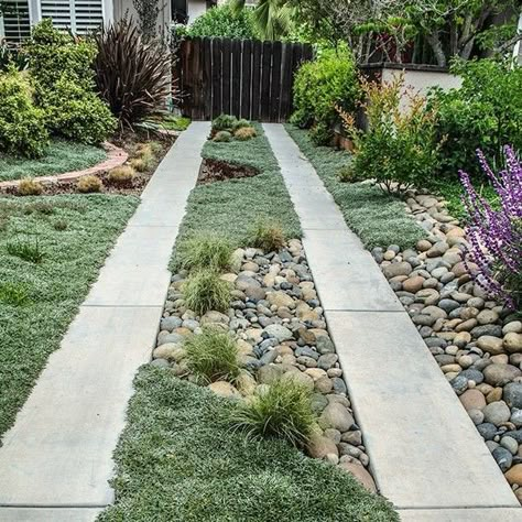 Landscaped ribbon driveway by Natural Bridges Landscaping. Nicely melds with adjoining design on both sides. Ribbon Driveway, Grass Driveway, Permeable Driveway, Driveway Design, Driveway Landscaping, Paver Driveway, Low Maintenance Landscaping, Lawn And Landscape, Casa Exterior