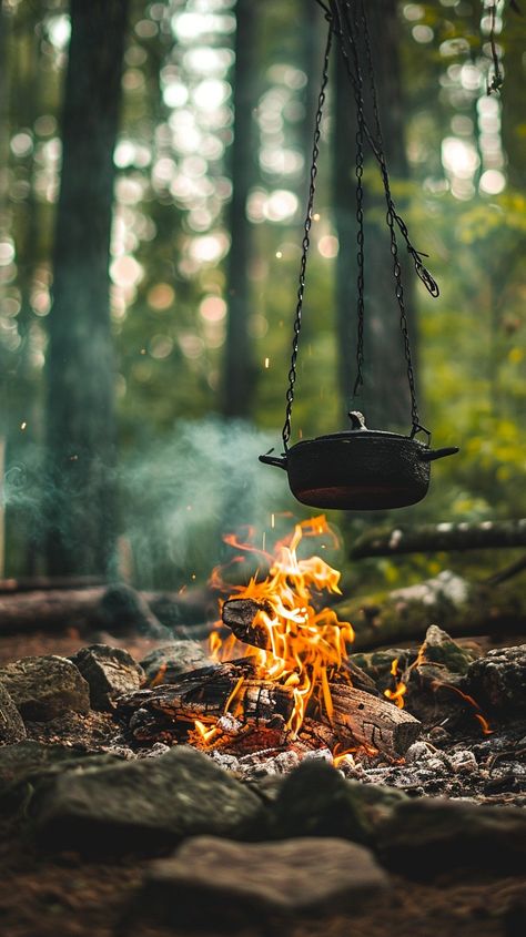 #Campfire #CookingOutdoors: A cozy #campfire burns brightly, heating a #kettle, surrounded by the tranquil beauty of #nature. #campfire #forest #cooking #kettle #fire #aiart #aiphoto #stockcake ⬇️ Download and 📝 Prompt 👉 https://stockcake.com/i/campfire-cooking-outdoors_138397_16975 Campfire Photography, Firewood Cooking, Cooking Outdoors, Campfire Grill, Cozy Campfire, Feminine Vibes, Open Fire Cooking, Book Vibes, Forest Backdrops