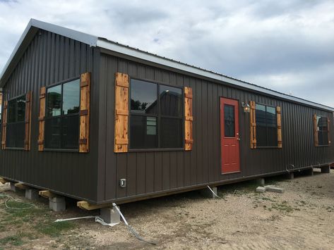 Metal Mobile Home Exterior Remodel, Mobile Home With Metal Roof, Tiny House Metal Siding, Storage Building House, Roof Over Mobile Home Single Wide, 20’ Container Home, Portable Cabins, Mobile Home Exteriors, Mobile Home Renovations