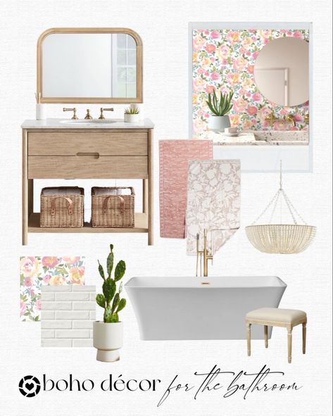 Preppy Moodboard, Girl Bathroom Ideas, Teen Girl Bathroom, Bathroom Design Board, Boho Bathroom Design, Modern Boho Bathroom, Girl Bathroom, Girly Bathroom, Girl Bathrooms