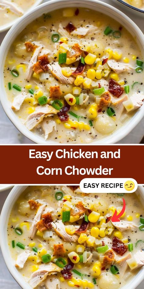 Discover a comforting twist on classic chicken soup with this hearty Chicken and Corn Chowder recipe. Packed with tender chicken, sweet corn, and creamy potatoes in a flavorful broth, it's perfect for chilly nights. Easy to make in one pot, this family-friendly soup is sure to satisfy. Serve topped with crispy bacon and fresh scallions for a delicious dinner everyone will love! Chicken And Corn Chowder, Chicken Marsala Easy, Chicken And Corn, Creamy Potatoes, Corn Chowder Recipe, Hearty Chicken, Chowder Recipe, White Bean Soup, Creamy Potato