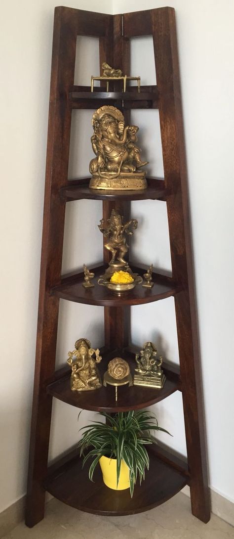 Brass Home Decor Indian, Indian Brass Decor Ideas, Pooja Shelf Ideas Indian, Corner Stand Decor, Brass Decor Indian Living Rooms, Pooja Corner, Indian Brass Decor, Brass Decor Indian, Hindu Decor