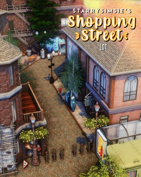 Hey everyone! I’m so excited to share my shopping street lot with you! This 50x50 lot (you can place this in Willow Creek!) comes with some furnished stores (most unfurnished)! This lot is pretty CC heavy!! I hope you enjoy! Ts4 Lots, Sims Lots, Sims 4 Save File, Sims 4 Stories, Sims 4 Lots, The Sims 4 Packs, Sims 4 House Design, Sims 4 Builds, Sims Building