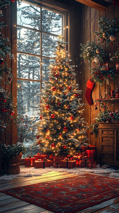 Cozy Christmas vibes 🎄✨ This beautiful scene captures a magical winter wonderland, with a glowing tree adorned in red and gold. Wrapped gifts and a red stocking complete the warmth. The snowy view outside adds a touch of festive magic. Embrace the holiday cheer and let the spirit shine! 🎁🌟 #christmas #holiday #winter #cozy #decor #homedecor #festive #joy #glow Pretty Christmas Pictures, Red Christmas Asthetics, Magical Christmas Aesthetic, Santa Aesthetic Christmas, Winter Red Aesthetic, Snowy Christmas Tree Ideas, Christmas Wallpaper Cozy, Christmas Tree Aesthetic Cozy, Vintage Christmas Aesthetic Cozy