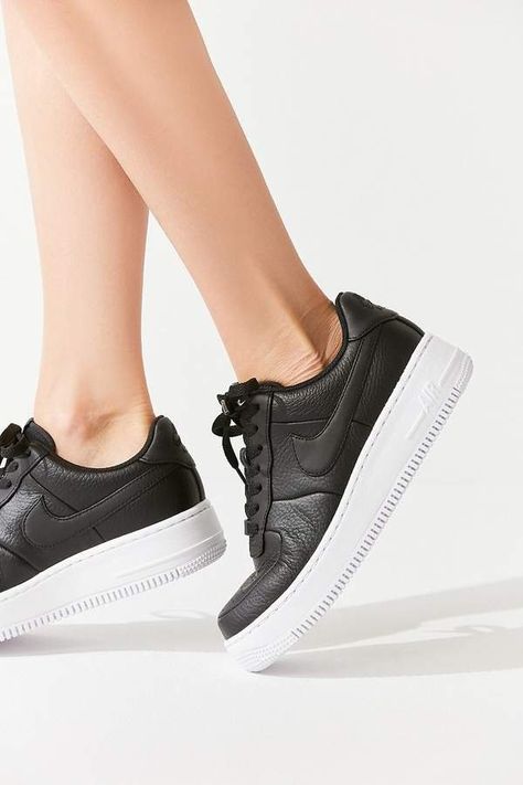 Nike Force 1 Upstep Sneakers Black Sneakers Outfit, Celana Jogger Wanita, Black Sneakers Women, Sneaker Heads, High Heels Classy, Sneaker Outfits Women, Tennis Shoes Outfit, Black Leather Sneakers, Nike Tennis Shoes