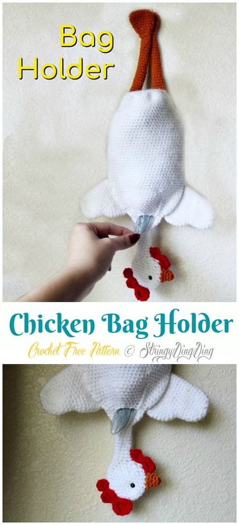 Chicken Bag Holder Crochet Free Pattern - Grocery Bag #Keeper; Holder Free #Crochet; Patterns Bag Holder Crochet, Crochet Bag Holder, Chicken Bag, Crochet Grocery Bag, Bag Holder Pattern, Plastic Bag Crochet, Crochet Organizer, Plastic Bag Holder, Crochet Chicken