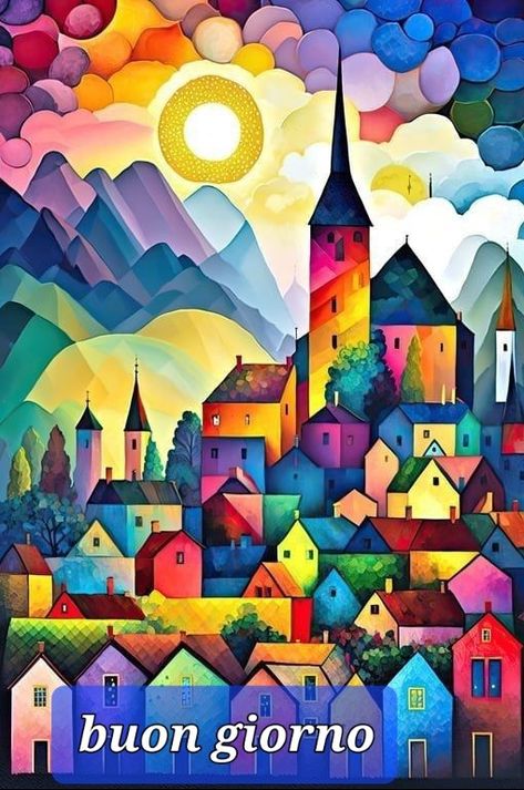 Urban Scenery, Whimsical Art Paintings, Colorful Houses, Naive Art, Whimsical Art, Art Quilts, Watercolor Print, Art Works, Colorful Art