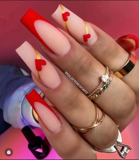 V Day Nails Valentines, Acrylic Nail Designs Classy, Valentino Beauty, Long Red Nails, Red And Gold Nails, Boho Nails, Matte Top Coat, Nude Nail Designs, Colored Acrylic Nails