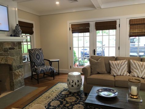 Living Room Double Doors, End Table With Lamp, I'm Exhausted, Chair Options, Door Inspiration, Wood Blinds, Wall Molding, Modern Door, Benjamin Moore