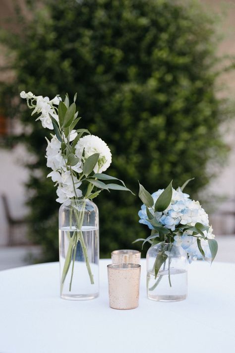 Bud Vase Hydrangea, Hydrangeas In Bud Vases, Dusty Blue Bud Vases, Hydrangea Bud Vase Wedding, Hydrangea Bud Vase, Malibu Elopement, White Hydrangea Wedding, Blue Fall Wedding, Bud Vases Wedding