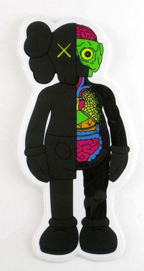 Dissected Companion neon sticker - art by KAWS Original Fake Kaws Half Skeleton, Kaws Art Drawing, Kaws Stickers, Kaw Wallpaper, Kaws Head, Kaws Skeleton, Bearbrick Wallpaper, Rug 2022, Neon Painting Ideas