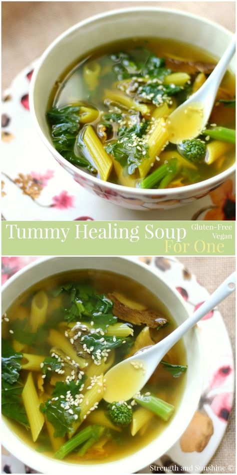 Tummy Healing Soup For One | Strength and Sunshine @RebeccaGF666 Soup for the soul. A gluten-free and vegan tummy healing soup for one full of anti-inflammatory and nourishing ingredients. Turmeric, ginger, veggies, spices, and a bit of pasta to bring you all the love your body needs. @BarillaUS #GlutenFreeBarilla #Pmedia #ad Crockpot Gut Healing Soup, Soup For Nausea, Postpartum Soup, Postpartum Preparation, Gut Healing Soup, Soup For One, 7 Day Cabbage Soup Diet, Chinese Soups, Gut Cleanse