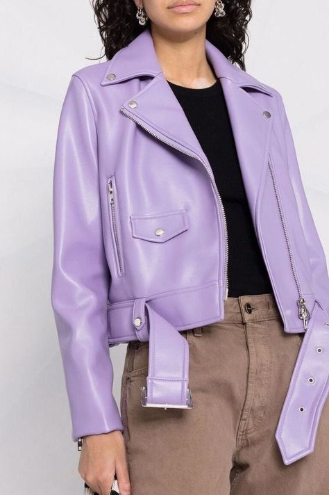 Purple Jacket Outfit, Pastel Leather Jacket, Purple Fashion Outfit, Pastel Leather, Purple Leather Jacket, Lambskin Jacket, Stand Studio, Faux Leather Biker Jacket, Biker Jackets