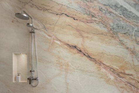 Rose Aurora Macchia Vecchia Marble is our tip to be the natural stone of choice for interiors, with such beautiful tones of cream, pink, grey and white, this marble is perfect for the soft, natural and indulgent interiors that customers are looking for. For more details visit our website, call us, dm, email or just drop by, all contact details are found in the Contact section of our website. Rosa Portugal Marble, Stone Bathrooms, Turkish Marble, Oak Fireplace, Wallpaper 2023, Stone Bathroom, Blue Floor, Italian Marble, Marble Slab