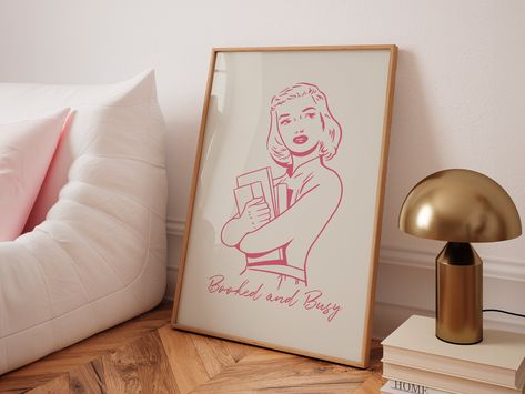 Booked and busy library poster, Pink retro girl reading print, high school classroom wall art, Book nook corner printable Bookish Room, Library Poster, Booked And Busy, Classroom Wall Art, Library Posters, Poster Pink, Retro Girl, High School Classroom, Pink Retro