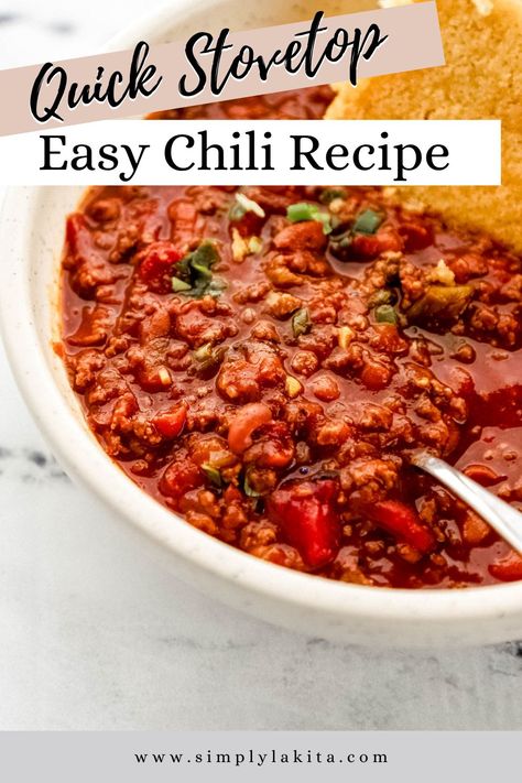 This Easy Chili Recipe is packed with tender ground beef, bold spices, beans, and savory broth. It delivers the perfect balance of smoky, spicy, and comforting flavors. In under 30 minutes, you'll have a rich and thick chili that tastes like it simmered all day. simplylakita.com #easychilirecipe Chili Recipe Spicy, Easy Ground Beef Chili, Thick Chili, Beef And Bean Chili, Chili Recipe Stovetop, Spicy Chili Recipe, Ground Beef Chili, Beef Chili Recipe, Brunch Bread