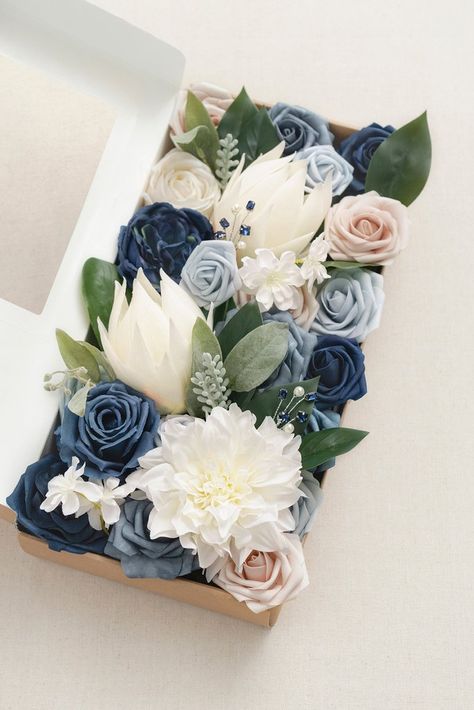 Wedding Reception Chair Decorations, Wedding Sweetheart Table Decor, Home Decor Floral Arrangements, Chanel Flower, Diy Flower Boxes, Large Floral Arrangements, Navy Blue Flowers, Foam Roses, Diy Wedding Bouquet