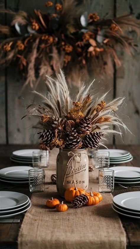 Fall Jars Decorations, Autumn Decor Table, Organic Fall Decor, Decorating For Fall Living Room, Fall Arrangements Ideas, Autumn Decorating Diy, Fall Living Room Decor Ideas, Fall Room Decor Ideas, Country Fall Decor