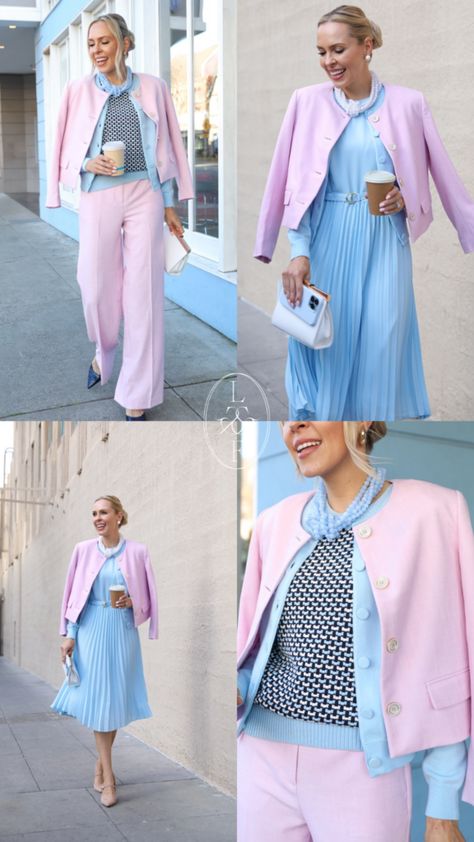 Sharing ANN TAYLOR Spring Workwear including beautiful pink and blue outfits to wear for the upcoming season! Pink And Blue Outfits, European Summer Fashion, Spring Workwear, Trendy Date Night Outfit, Colour Combinations Fashion, Blue Outfits, Color Blocking Outfits, Color Combinations For Clothes, Coat Trends