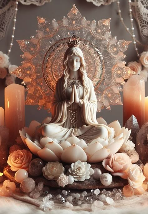 Sacred Room Ideas, Crystal Alter Aesthetic, Divine Feminine Altar, Alters Spiritual Ideas, Buddhist Altar Home, Altar Ideas Sacred Space, Sacred Space Altar, Spiritual Center, Crystal Room Decor