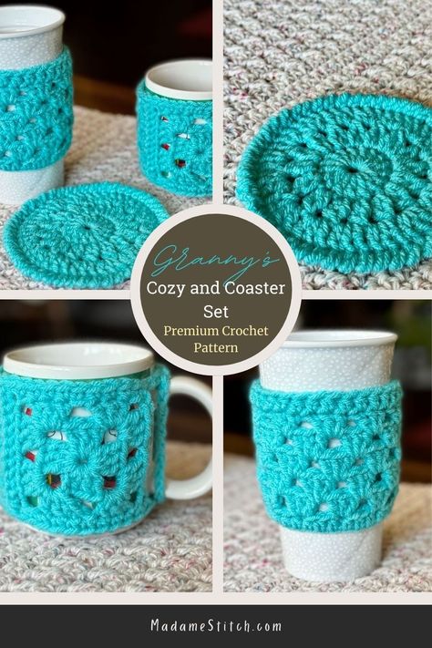 Show your favorite coffee mug all the love and keep your coffee piping hot whether you’re at home or out and about. Granny’s Cozy and Coaster Set includes a mug hug with loops for a snug fit around your coffee mug. Or, slip the cup cozy on your travel cup to protect your fingers from the heat. Then, keep those delicate tabletop surfaces free from damage with the matching coaster. The crochet pattern for the mug hug is free on the blog. The premium PDF includes the entire set. #grannysquaresrock Coffee Cup Sleeve Crochet Pattern, Coffee Mug Coozie Crochet, Mug Hugs Crochet Free Pattern, Crochet Mug Hug, Cup Cozies Crochet, Crochet Cup Coaster Pattern, Mug Cover Crochet Pattern, Crochet Granny Square Cup Cozy, Crochet Mug Cozy Free Pattern Coffee & Tea Cups