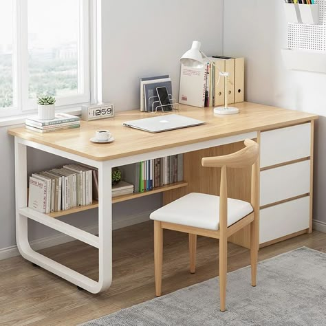 Computer desk desktop home desk bedroom simple learning desk with bookshelf simple double desk writing desk Study Table Designs, Study Desk Decor, Bathroom Retreat, Coastal Bathroom, Desks For Small Spaces, Simple Desk, Bookshelf Desk, Bedroom Desk, Study Room Decor