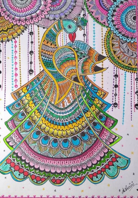 Madhubani Painting Bird, Madhubani Peacock Design, Madhubani Paintings Peacock Easy, Maithili Painting, Madhubani Art Peacock, Madhubani Patterns, Madhubani Peacock, Madhubani Paintings Peacock, Bird Mandala