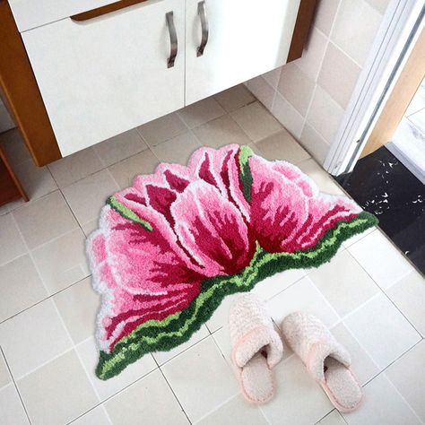 Flower Decor Bathroom, Cool Rugs For Bedroom, Non Slip Bathroom Flooring, Flower Bath Mat, Dripping Water, Flower Rug, Future Apartment Decor, Plush Carpet, Pink Tulips