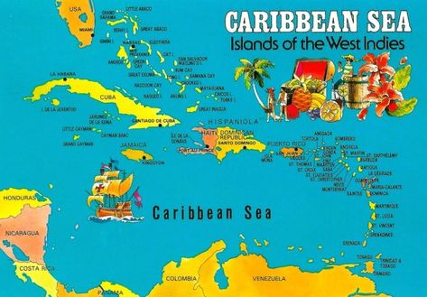 Caribbean Island Map Carribean Map, Map Of The Caribbean, Caribbean Islands Map, Caribbean Decor, Cayman Brac, Great Exuma, The Caribbean Islands, Puerto Rico History, Island Map