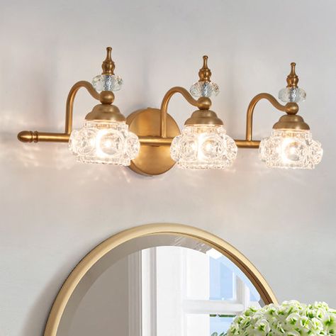 Rosdorf Park Artur Bath Sconce | Wayfair Vanity Lighting Over Mirror, Vintage Bathroom Vanity, French Bathroom, Light Fixtures Bathroom Vanity, Gold Fixtures, Vanity Light Fixtures, Yellow Bathrooms, Bathroom Vanity Light, Bathroom Light