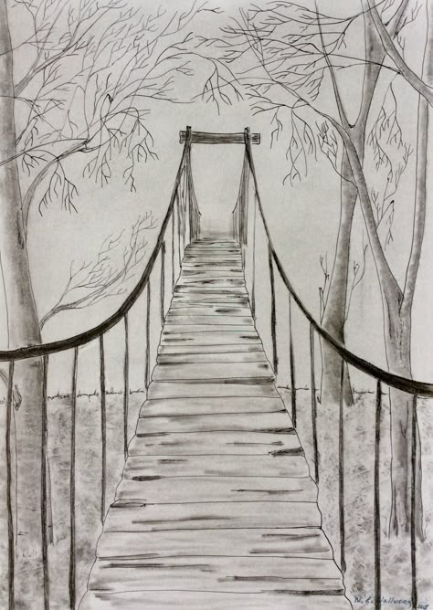 Bridge Reference Drawing, Old Bridge Painting, Old Bridge Drawing, Meghalaya Drawing, Rope Bridge Drawing, Sketch Ideas Scenery, Bridge Drawing Sketches, How To Draw A Bridge, Bridge Sketch Simple