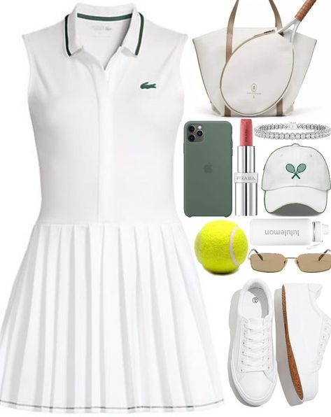 💚 Outfit | ShopLook Olympics Outfits, Pleated Tennis Dress, Lacoste Shop, Tennis Tote, 2024 Summer Olympics, White Tennis Shoes, Prada Eyewear, Workout Outfits, Summer Olympics