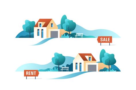 Real Estate Concept Vector Illustration AI, EPS Suburban Houses, Landscape Residential, Real Estate Concept, Business House, Building Landscape, Birthday Background Design, Building Development, Housing Development, House Foundation