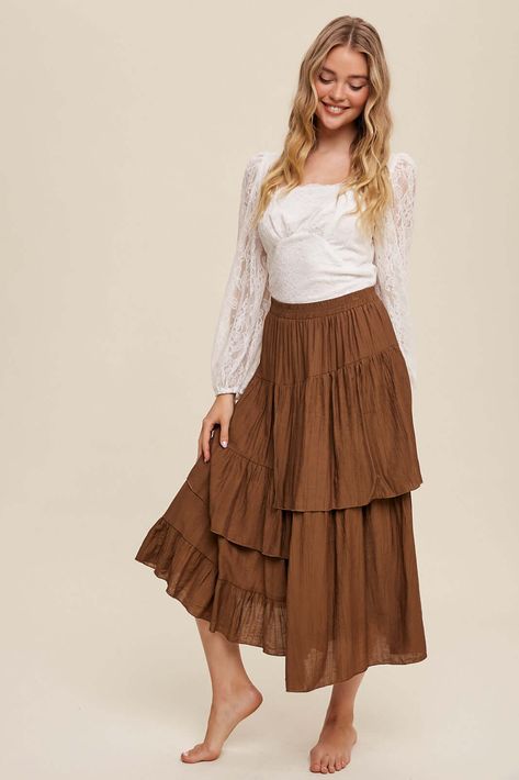 - High waist Asymmetrical layered maxi skirt - Crinkle textured fabrication - Elasticized waist - Layered ruffle - Lined - Model is 5' 8" 30-24-35 and wearing a size Small Layered Maxi Skirt, Maxi Skirt, High Waist, High Waisted, Skirt, How To Wear, I Love, Fabric, Quick Saves