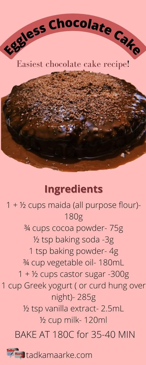 This is the easiest eggless chocolate cake recipe. Eggless Moist Chocolate Cake, Eggless Chocolate Cake Recipe Easy, Recipe For Eggless Cake, Simple Eggless Cake Recipe, Choclate Cake Recipe, Eggless Brownie Recipe, Cake Recipes Without Eggs, Diet Cake, Box Cake Recipes