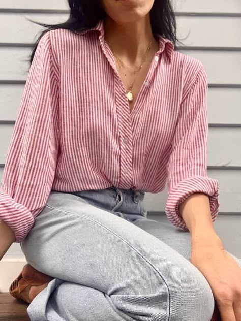 Birkin Linen Stripe Shirt - All The Wild Roses - Sustainable Style Red Striped Blouse Outfit, Linen Striped Shirt Outfit, Shirt Styling Ideas For Women, Red And White Striped Shirt Outfit, Red Striped Shirt Outfit, Stripe Shirt Outfit, Shirt Women Outfit, White Striped Shirt Outfit, Linen Shirt Outfit