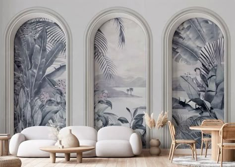 Wallpapered Entryway, Tropical Trees, Arch Design, Entryway Wall, Living Room Design Decor, Home Design Living Room, Design Wallpaper, Dream House Interior, Nature Themed