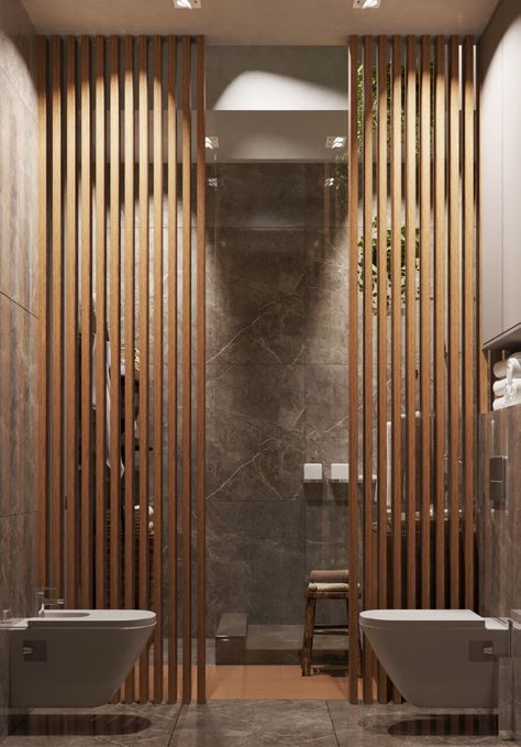 Wood Bathroom Partitions, Hiding Plumbing Pipes On Wall, Bathroom Divider, Wall Dividers, Japandi Home, Modern Room Divider, Bathroom Design Inspiration, Divider Wall, Wooden Planks