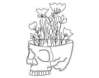 Skull Embroidery Designs, Spooky Line Art, One Line Embroidery, Embroidery Line Art, Line Embroidery Design, Line Embroidery, Skull Embroidery, Flower Machine Embroidery Designs, Halloween Embroidery Designs