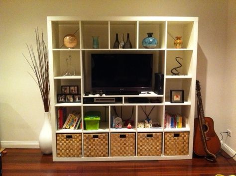 IKEA Hackers: Expedit unit for smaller TV... I have this shelf and will keep this pin when we move, if I don't need it for the same purpose anymore! Ikea Living Room Storage, Ikea Kallax Ideas, Expedit Hack, Kallax Ideas, Entertainment Shelves, White Cupboard, Ikea Kallax Hack, Ikea Inspiration, Ikea Expedit