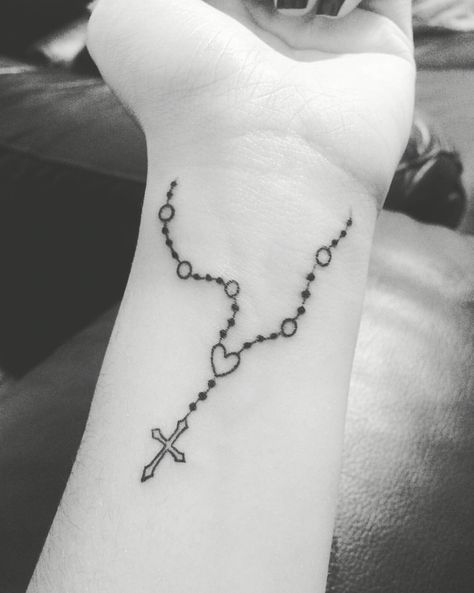 Feminine Rosary Tattoo, Small Rosary Tattoo For Women Arm, Rosary Tattoo Wrist Woman Crosses, Rosary Tattoo For Women Arm, Rosary Beads Tattoo, Bead Tattoo, Rosary Tattoo Wrist, Sons Tattoo, Pretty Cross Tattoo