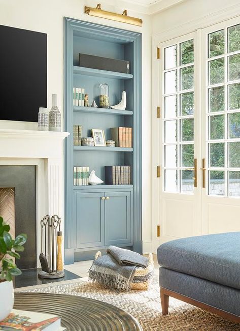 Built In With Library Lights, Recess Shelving Living Room, Colorful Built Ins Around Fireplace, Light Blue Built In Bookcase, Single Built In Bookcase, Recessed Built In Shelves Living Room, Blue Bookcase Living Room, Shallow Built In Bookcase, Georgian Built In Bookcase