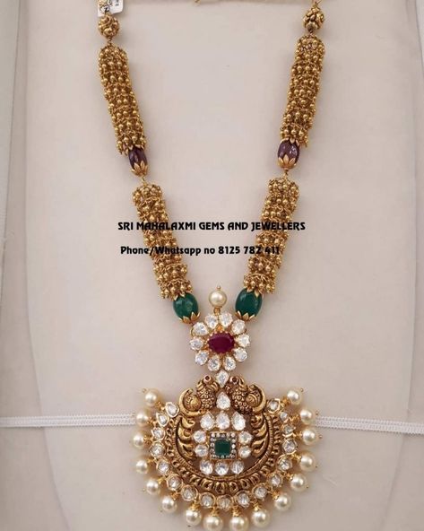 Sri Mahalakshmi Gems And Jewellers, Temple Jewelry Necklace, Long Haram, Gold Jewelry Simple Necklace, Antique Jewellery Designs, Pearl Necklace Designs, Gold Necklace Indian Bridal Jewelry, Real Gold Jewelry, Gold Pendant Jewelry