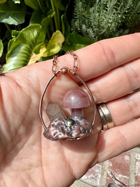 Cherry Quartz Mushroom Scape Electroform Cottagecore Pendant – Octopod Trading Co. Mushroom Landscape, New Small Business Ideas, Crystal Business, Soft Solder, Forest Fashion, Soldered Pendants, Pendant Ideas, Cherry Quartz, Electroformed Jewelry