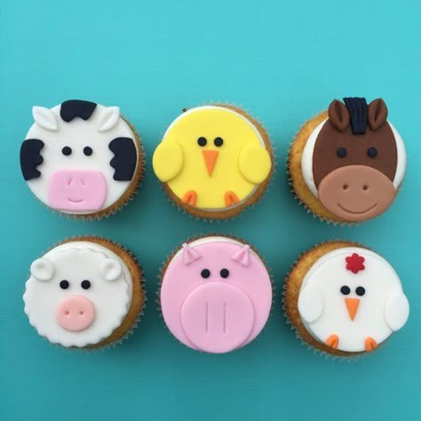 Zoo Animal Cupcakes, Farm Animal Cupcakes, Animal Cupcake, Farm Animals Birthday Party, Farm Cake, Fondant Cupcake Toppers, Animal Cupcakes, Fondant Animals, Farm Animal Birthday