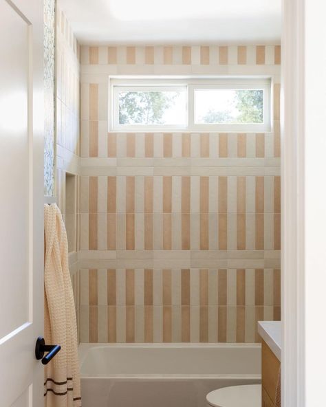 All Posts • Instagram Striped Tile Shower Walls, Stripe Bathroom Tile, Striped Shower Tile, Pink Shiplap, Pear Wallpaper, Shiplap Trim, Pink Laundry Rooms, Morris And Co, Blue Laundry Rooms