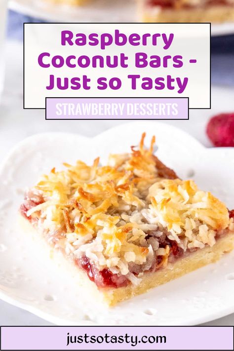 These raspberry coconut bars - AKA raspberry coconut slice - have a buttery shortbread base, a layer of raspberry jam and a coconut macaroon topping. This old-fashioned recipe is simple to make and perfect for coconut lovers. #raspberry #coconut #bars #slice #recipe #raspberryjam #shortbread from Just So Tasty Raspberry Coconut Jelly Roll, Raspberry Coconut Magic Bars, Raspberry Dessert Bars, Raspberry Jam Bars, Raspberry Shortbread Bars, Raspberry Coconut Bars, Raspberry Squares, Raspberry Macaroons, Coconut Squares