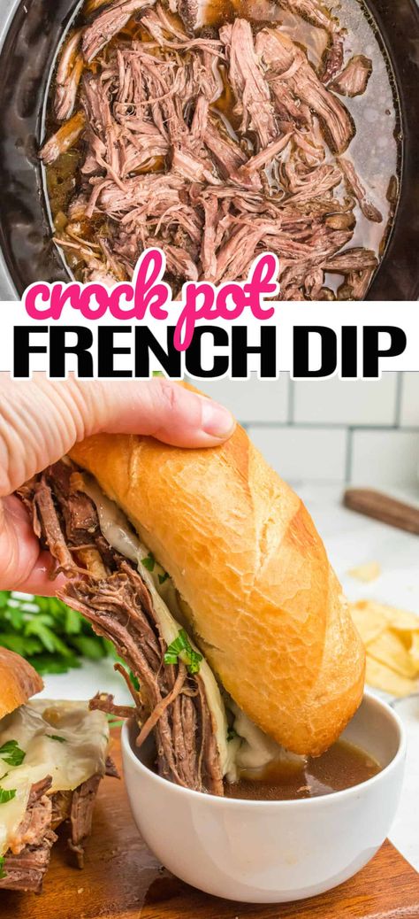 This Crock Pot French Dip Sandwich is filled with moist, slow-cooked beef, melty cheese, and dipped in the best beef broth you'll ever taste. #RealHousemoms #crockpot #slowcooker #frenchdip #sandwich #beef #cheese #aujus #gameday #superbowl #comfortfood #easydinner French Dip Roast Beef Crock Pot, Beef Dip Crock Pot Slow Cooker, Roast Beef Crock Pot Recipes Sandwiches French Dip, Best Beef Dip Crock Pot, French Dip Crock Pot Beef Consomme, Crockpot Beef Sandwiches French Dip, Gluten Free French Dip Crock Pot, Deep Pit Beef Crock Pot, Beef Sandwiches Crock Pot French Dip